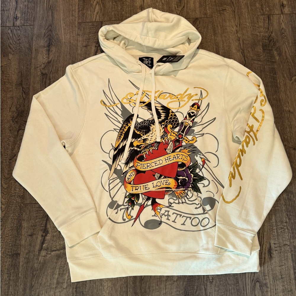Ed Hardy Cream and Gold Sweatshirt with Tattoo Art